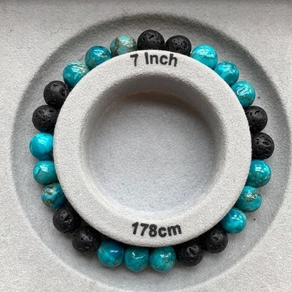 𝅺STRETCH Beaded Bracelet Cyan Blue Turquoise and Lava Stone Beads - Picture 5 of 11